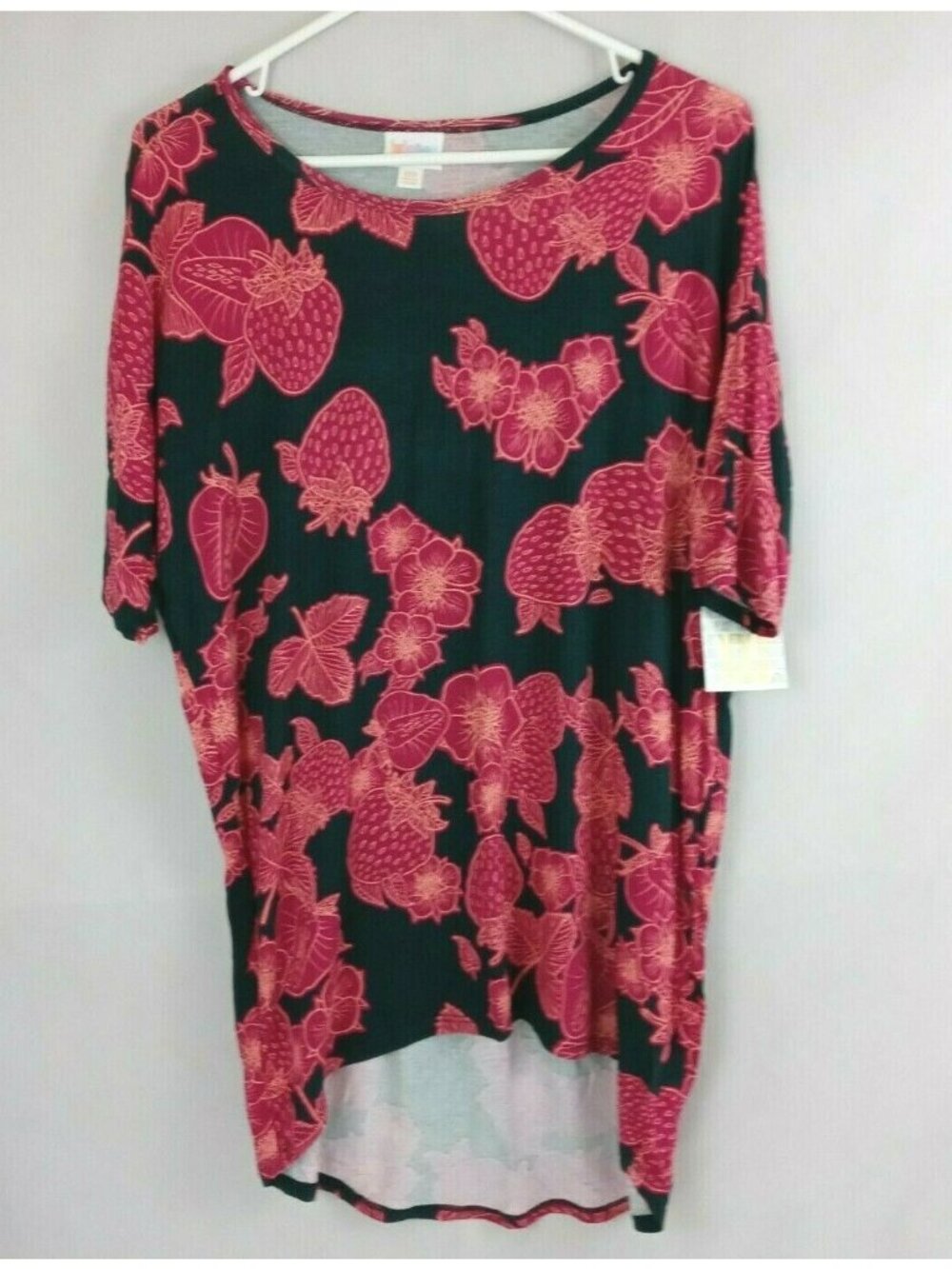 NWT Lularoe Irma Tunic Dark Green With Pink Floral Strawberries Designs Size XXS
